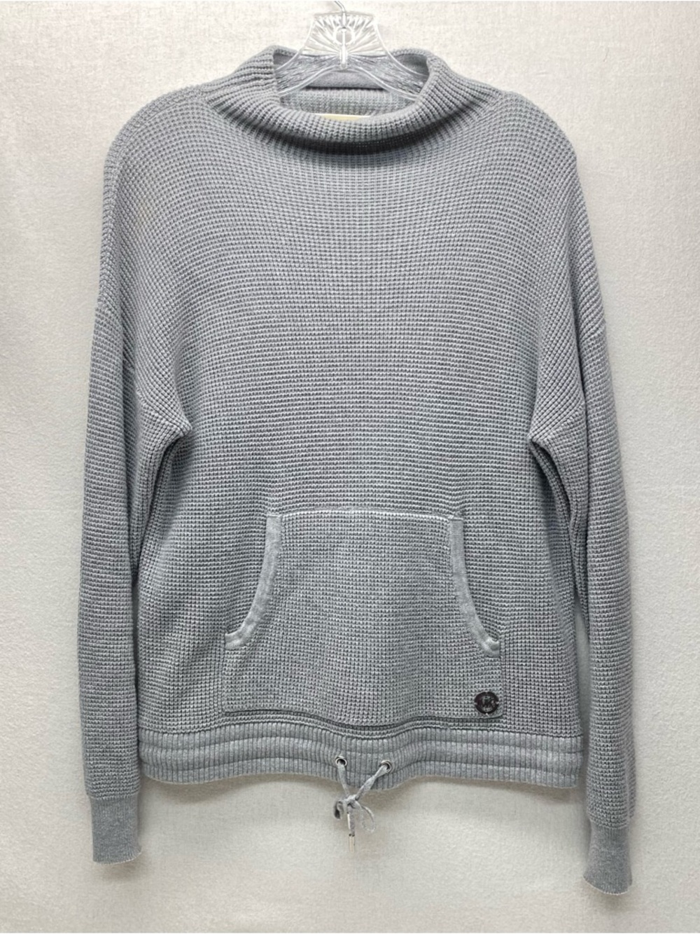 Michael Michael Kors Gray Waffle Knit Pullover Medium Sweater Pocket Drawstring
